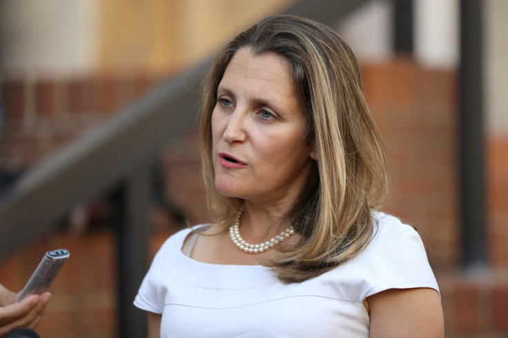 Candian Foreign Minister Chrystia Freeland speaks to journalists outside the U.S. Trade Representative's office in Washington, U.S., August 28, 2018. 