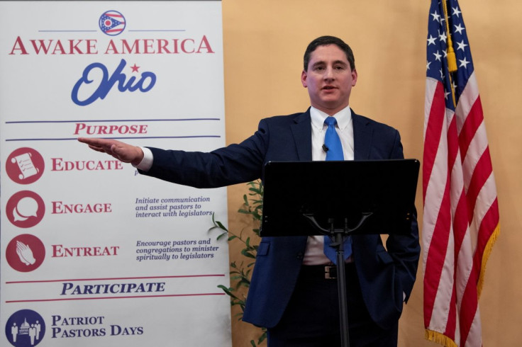 U.S. Republican Senate candidate Josh Mandel speaks during a debate with Democratic candidate Morgan Harper at a Baptist church in Columbus, Ohio, U.S., January 27, 2022.  