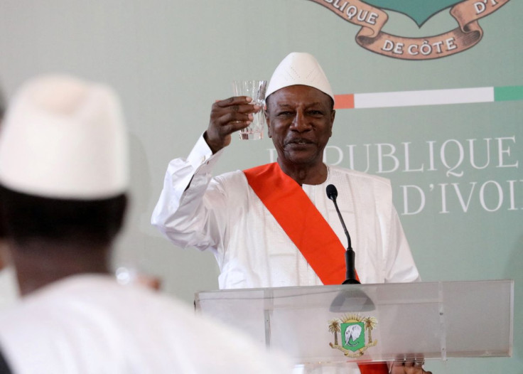 Then Guinea President Alpha Conde gives a speech at the Presidential Palace in Abidjan, Ivory Coast, April 26, 2019. 