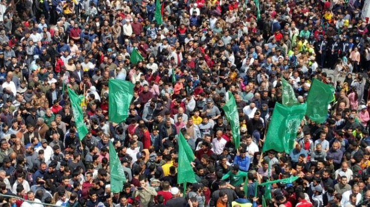 Hamas supporters rally after Friday prayers in Jabalia in the northern Gaza Strip