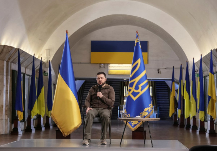 Ukraine's President Volodymyr Zelenskiy attends a news conference at a metro station, as Russiaâs attack on Ukraine continues, in Kyiv, Ukraine April 23, 2022. 