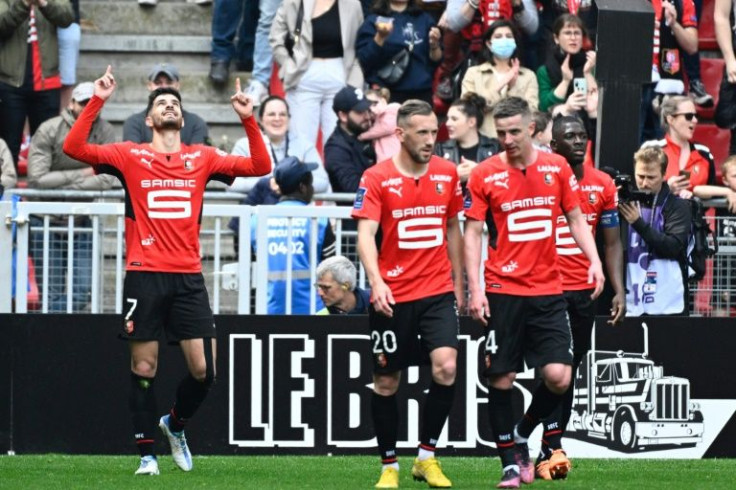 Martin Terrier (L) scored his 21st goal of the season as Rennes thrashed Lorient in Ligue 1
