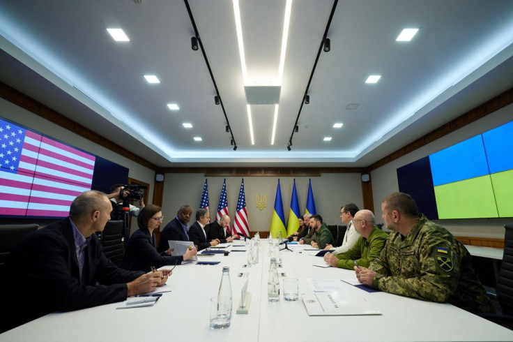 U.S. Secretary of State Antony Blinken and U.S. Defense Secretary Lloyd Austin attend a meeting with Ukraine's President Volodymyr Zelenskiy, as Russia's attack on Ukraine continues, in Kyiv, Ukraine April 24, 2022. Ukrainian Presidential Press Service/Ha