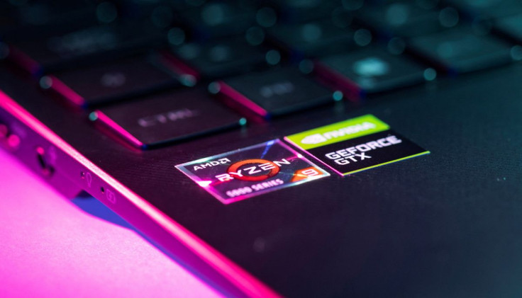 AMD and NVIDIA GeForce stickers are seen on laptop in this illustration taken, December 1, 2021.