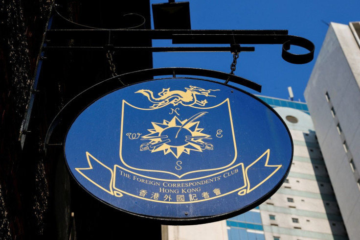 The logo of Foreign Correspondents' Club (FCC) is seen outside its building in Hong Kong, China January 11, 2022.