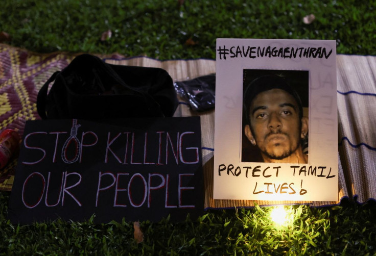 A poster of Nagaenthran Dharmalingam is pictured at a vigil ahead of the planned executions of Malaysians Dharmalingam and Datchinamurthy Kataiah at Hong Lim Park in Singapore April 25, 2022. 