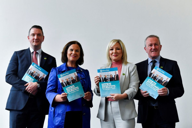 President of Sinn Fein Mary Lou McDonald and vice president of the party, Michelle O'Neill, launch the Sinn Fein Manifesto for the upcoming Northern Ireland Assembly elections, in Belfast, Northern Ireland, April 25, 2022.