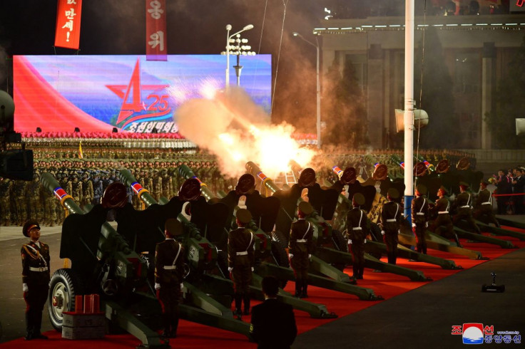 Troops perform a gun salute during the parade to mark the 90th anniversary of the founding of the Korean People's Revolutionary Army in Pyongyang, North Korea, in this undated photo released by North Korea's Korean Central News Agency (KCNA) on April 26, 