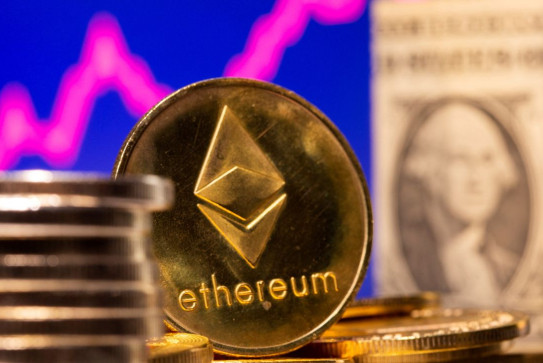 A representation of virtual currency Ethereum and U.S. One Dollar banknote are seen in front of a stock graph in this illustration taken February 19, 2021. 