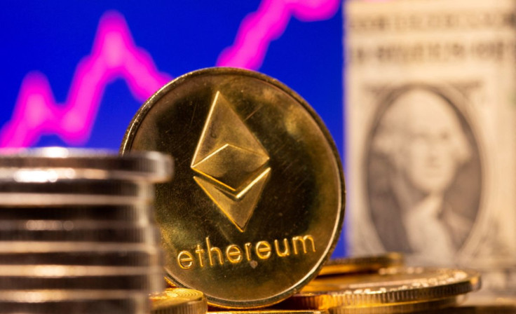 A representation of virtual currency Ethereum and U.S. One Dollar banknote are seen in front of a stock graph in this illustration taken February 19, 2021. 