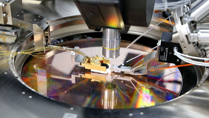 A view of a PsiQuantum Wafer, a silicon wafer containing thousands of quantum devices, including single-photon detectors, manufactured via PsiQuantum's partnership with GlobalFoundries in Palo Alto, California, U.S., in an undated photo taken in March 202