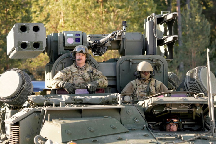 U.S. troops prepare to fire Stinger missiles from their Stryker armored fighting vehicle during Saber Strike military drill in Rutja, Estonia March 10, 2022. 