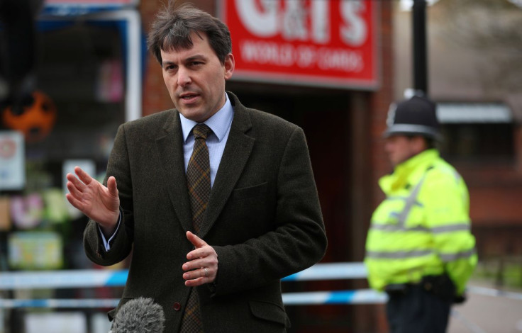 John Glen, local Member of Parliament for Salisbury and South Wiltshire, talks to the media in Salisbury, Britain, April 3, 2018. 