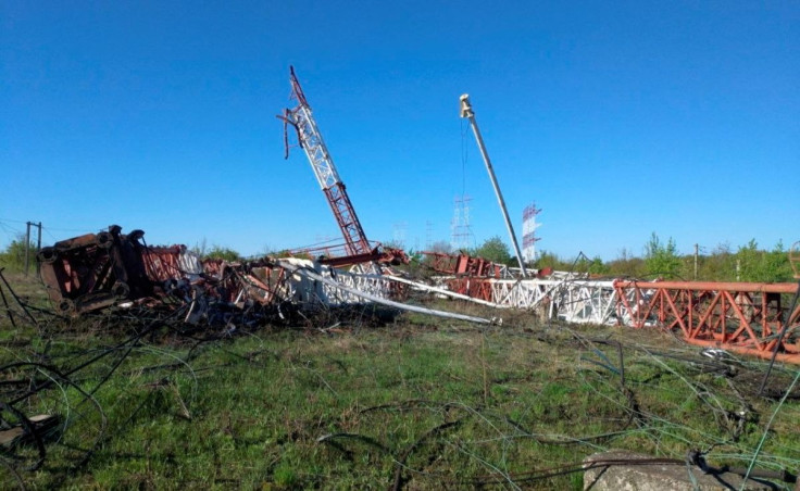 A view of toppled Pridnestrovian radio centre antennas, also known as "Grigoriopol transmitter", following the blasts, near Maiac, Grigoriopol, in Moldova's self-proclaimed separatist Transdniestria region, in this handout photo released on April 26, 2022