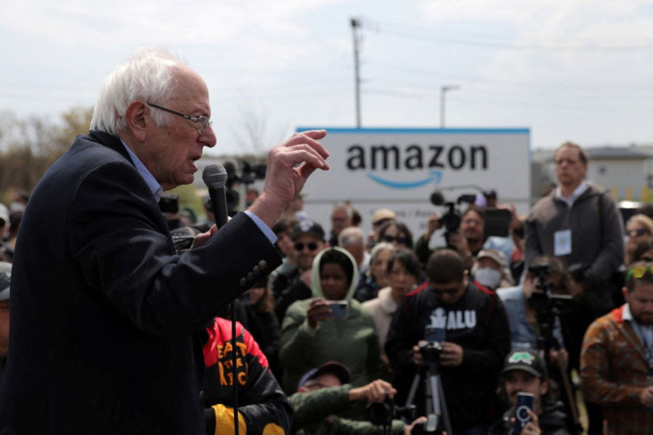 U.S. Senator Bernie Sanders (I-VT) speaks at an Amazon facility during an Amazon Labour Union (ALU) rally in Staten Island, New York City, U.S., April 24, 2022. 