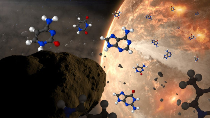Conceptual image of meteoroids delivering nucleobases - nitrogen-containing compounds crucial in forming DNA's double-helix structure - to ancient Earth. The nucleobases are represented by structural diagrams with hydrogen atoms as white spheres, carbon a