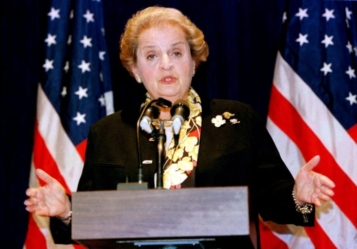 U.S. Secretary of State Madeleine Albright speaks to reporters following her meeting with Israeli Foreign Minister David-Levy and Palestinian Authority senior negotiator Mahmoud-Abbas which took place on the fringes of the 52nd session of the United Natio