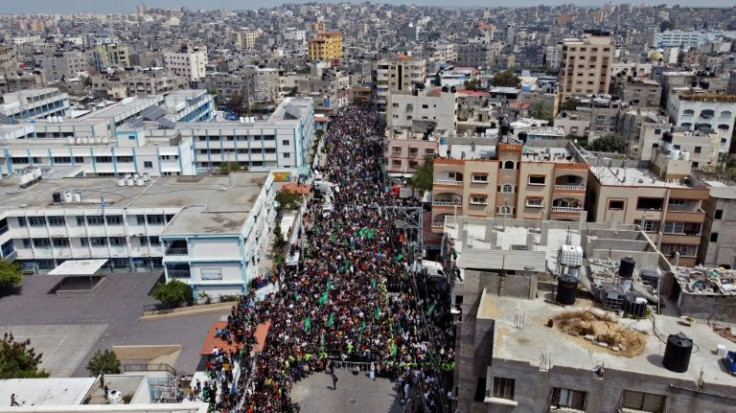 Supporters of the Palestinian Hamas movement rallying after Friday prayers on April 22, 2022, in Jabalia in the northern Gaza Strip, to show solidarity with Palestinians confronting Israeli forces at the AL-Aqsa Mosque compound in Jerusalem