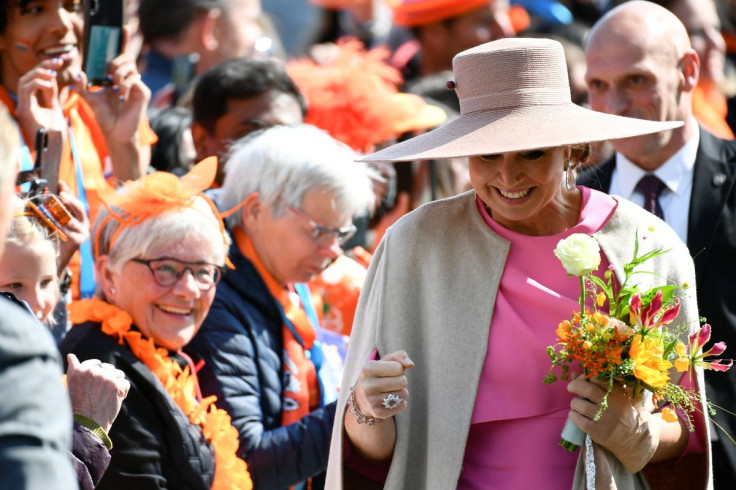 Queen Maxima of the Netherlands greets people as she arrives for King's Day (Koningsdag) celebrations, in Maastricht, Netherlands, April 27, 2022. 