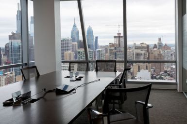 FILE PHOTO - An empty conference room is seen as the first phase of FMC Corporation employees return to work in the office in Philadelphia, Pennsylvania, U.S., June 14, 2021. 