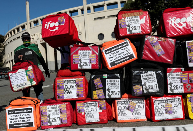 Food delivery bags are pictured as Brazilian delivery workers for Uber Eats, Rappi and other delivery apps protest as part of a strike to demand better pay and working conditions, amid the coronavirus disease (COVID-19) outbreak, in Sao Paulo, Brazil July