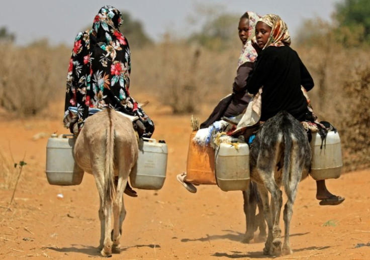 Sudanese women transport water in South Darfur,  as seen in this February 2021 photograph; deadly violence has been triggered by disputes over land, livestock and access to water and grazing