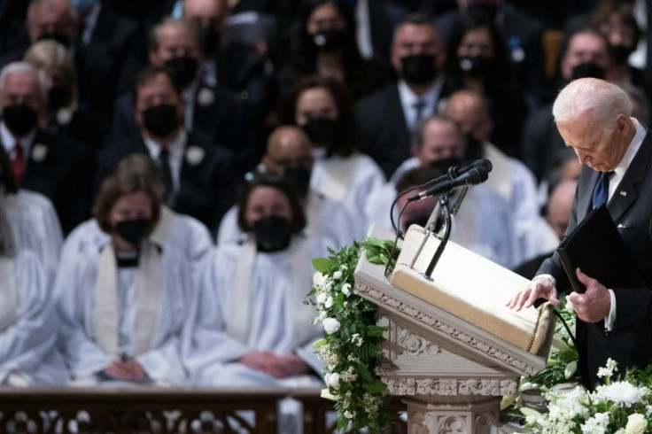 US President Joe Biden speaks at the funeral service of former Secretary of State Madeleine Albright