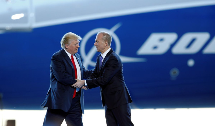 U.S. President Donald Trump greets Boeing Chairman, President and CEO Dennis Muilenburg during a ceremony celebrating the rollout of the Boeing 787-10 Dreamliner at the Boeing South Carolina plant in North Charleston, South Carolina, U.S. February 17, 201