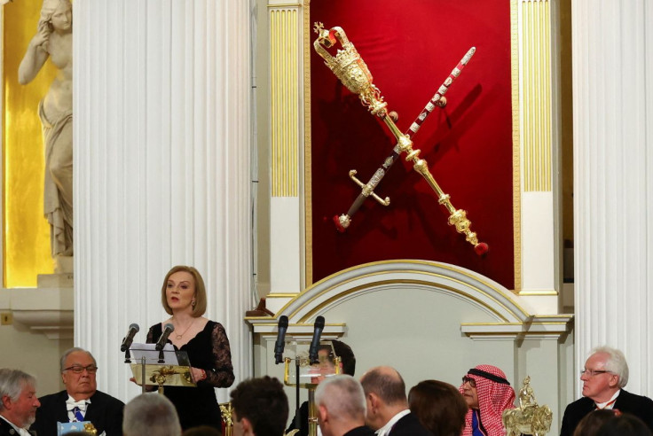 British Foreign Secretary Liz Truss delivers a speech at Mansion House in London, Britain, April 27, 2022.