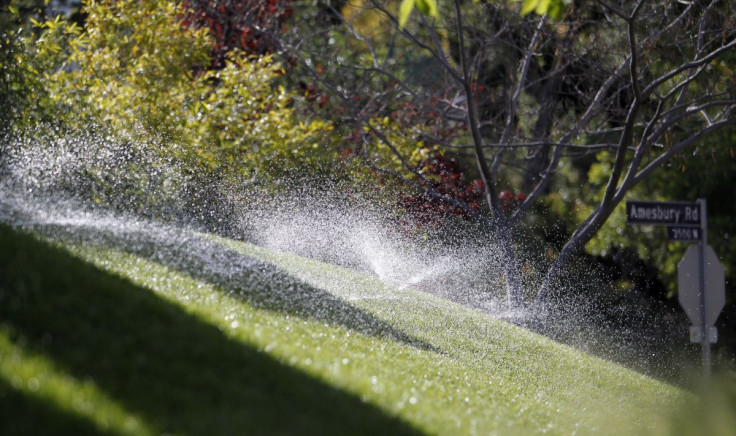 Sprinklers spray water on grass in Los Angeles March 31, 2010.