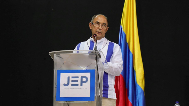 Former Brigadier General Paulino Coronado speaks during a recognition hearing, organised by the Special Jurisdiction for Peace (JEP), for so-called "false positive" killings that had taken place in Catatumbo, when soldiers murdered people and recorded the