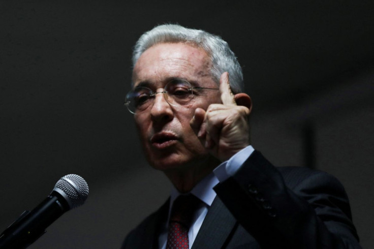 Colombia's former president Alvaro Uribe speaks during a news conference in Bogota, Colombia March 15, 2022.