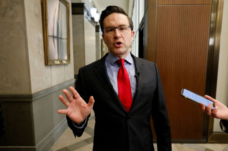 Conservative Party leadership candidate Pierre Poilievre speaks to journalists on Parliament Hill in Ottawa, Ontario, Canada February 16, 2022. 