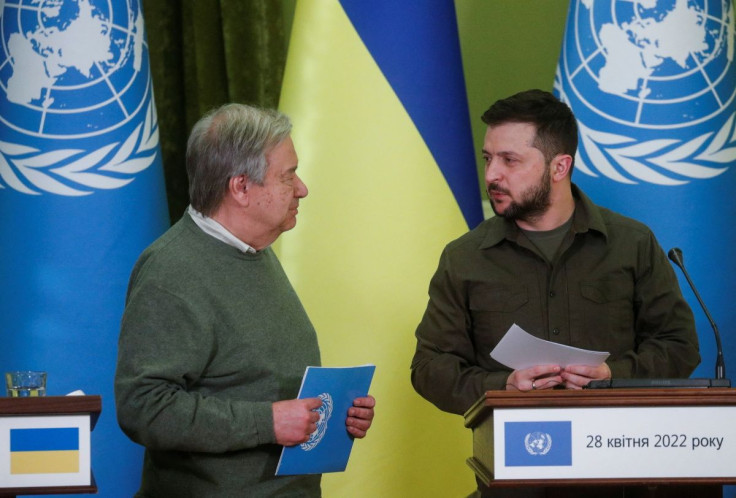 UN Secretary-General Antonio Guterres and Ukraine's President Volodymyr Zelenskiy attend a joint news conference, as Russia's attack on Ukraine continues, in Kyiv, Ukraine April 28, 2022.