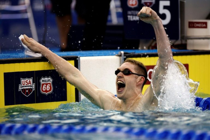 Hunter Armstrong reacts after setting the 50m backstroke world record at USA Swimming's World Championship trials in North Carolina
