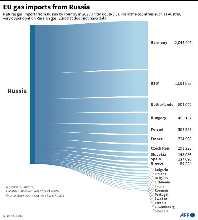 EU imports of Russian gas by country in 2020