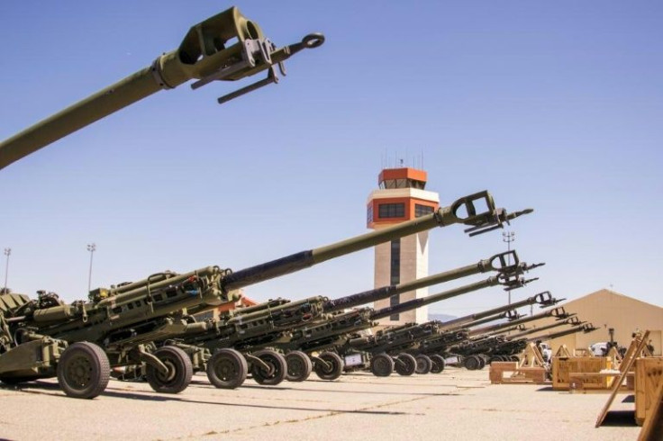 US M777 howitzers ready for loading to be sent to Ukraine to help Ukraine forces fight against Russians.