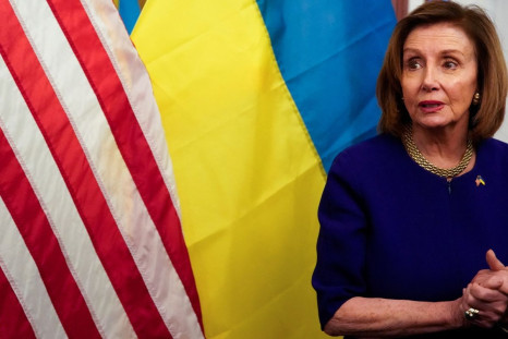 U.S. House Speaker Nancy Pelosi (D-CA) speaks at an unveiling of a photo exhibit on the Russian invasion of Ukraine, at the Capitol Hill in Washington, U.S., April 28, 2022. 