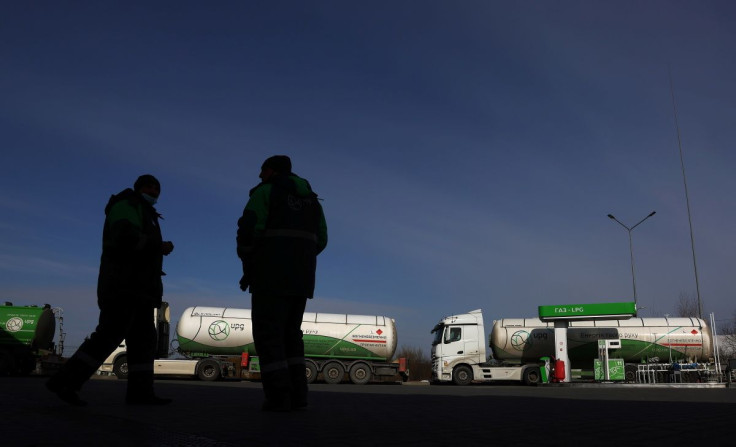 Empty fuel trucks are parked at a gas station which was running out of fuel, diesel and gas on the outskirts of Lviv, Ukraine, March 12, 2022.