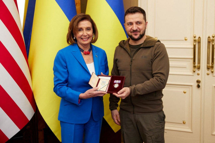 Ukraine's President Volodymyr Zelenskiy awards U.S. House Speaker Nancy Pelosi (D-CA) the 'Order of Princess Olga' medal after their meeting, as Russia's attack on Ukraine continues, in Kyiv, Ukraine April 30, 2022. Picture taken April 30, 2022. Ukrainian