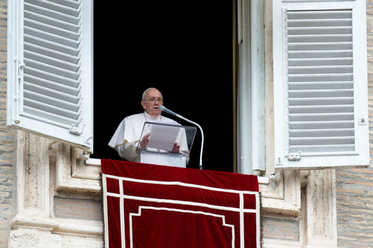 Pope Francis speaks during Regina Caeli prayer, in Saint Peter's Square at the Vatican, May 1, 2022. Vatican Media/Â­Handout via REUTERS 