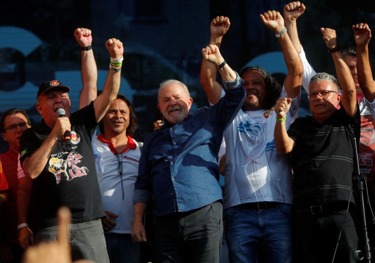 Former Brazil's President Luiz Inacio Lula da Silva, who will run in October's elections, takes part in an event organized by labor unions during Workers Day in Sao Paulo, Brazil May 1, 2022.