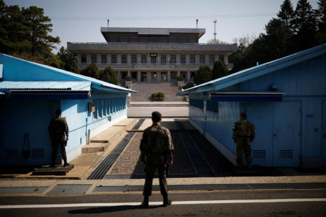 South Korean soldiers stand guard at the truce village of Panmunjom inside the demilitarized zone (DMZ) separating the two Koreas, South Korea, April 18, 2018.  