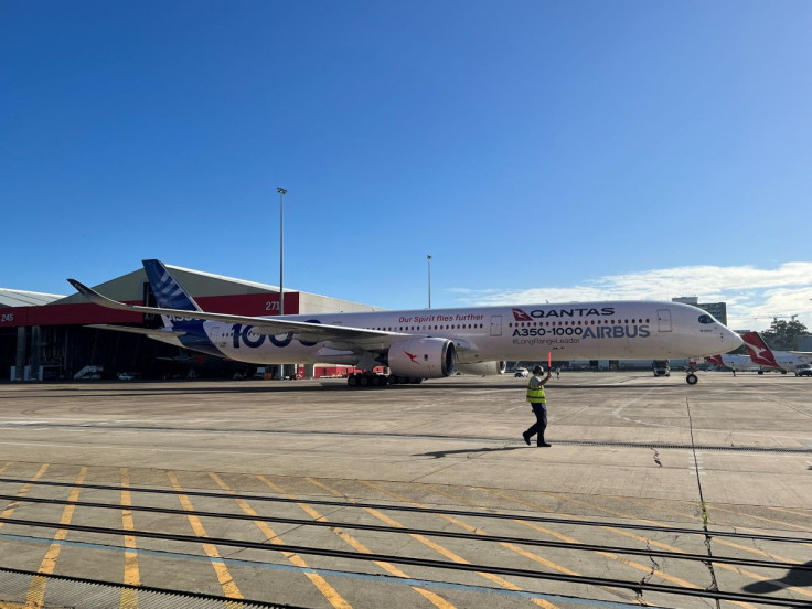 An Airbus A350-1000 test plane arrives at Sydney Airport as the backdrop for Qantas announcing an order for 12 of the planes in Sydney, Australia May 2, 2022. 