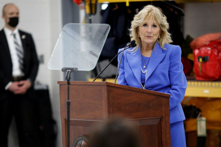U.S. First Lady Jill Biden delivers remarks during a closed discussion and book reading event with U.S. military families and Blue Star families at the U.S. Coast Guard Air Station Miami in Opa-Locka Executive Airport, in Opa-Locka, Florida, U.S. February