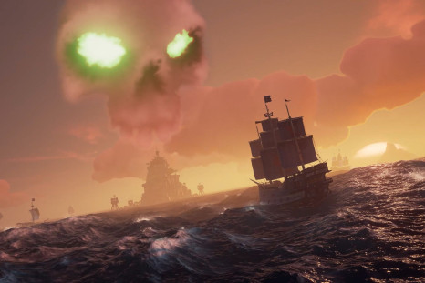 Ships sailing towards an active skeleton fort in Sea of Thieves