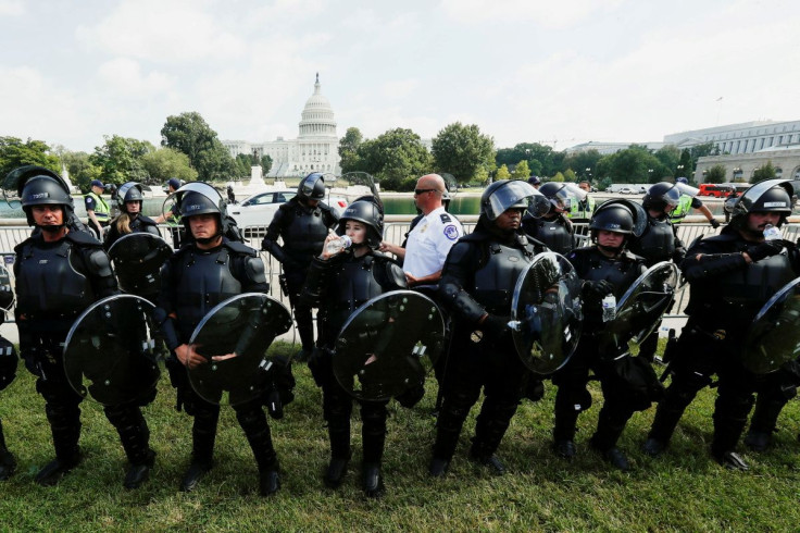 U.S. Capitol riot police officers stand guard during a rally in support of defendants being prosecuted in the January 6 attack on the Capitol, in Washington, U.S., September 18, 2021. 