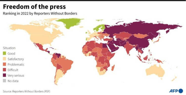 World map showing the different states of press freedom by countries and territories, compiled by Reporters Without Borders.