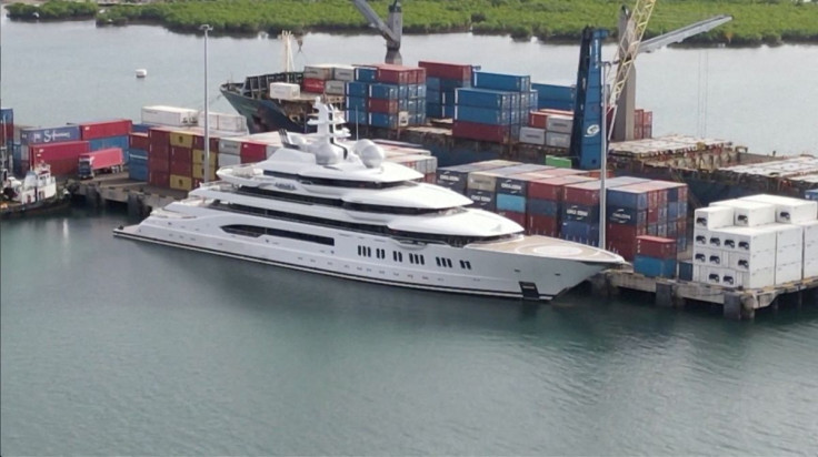 A screen grab from a drone video footage shows a Russian-owned superyacht 'Amadea' docked at Queens Wharf in Lautoka, Fiji May 3, 2022. Reuters TV via REUTERS