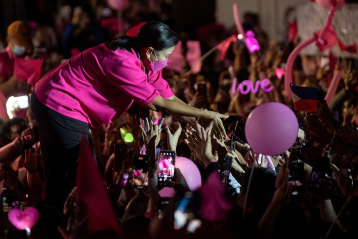 Philippine Vice-President and presidential candidate Leni Robredo greets supporters during a campaign rally in Baguio City, Benguet province, Philippines, May 2, 2022.